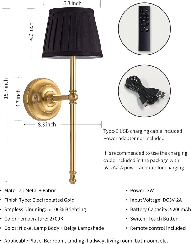 KDG Cordless Wall Sconces Set of 2, Small Wireless 5200mAh Rechargeable Battery Fabric LED Wall Lamps, Portables Lightings for Wall Painting, Living Room, Bedroom, Hallway, Gifts, Night Light (Black) - Image 5